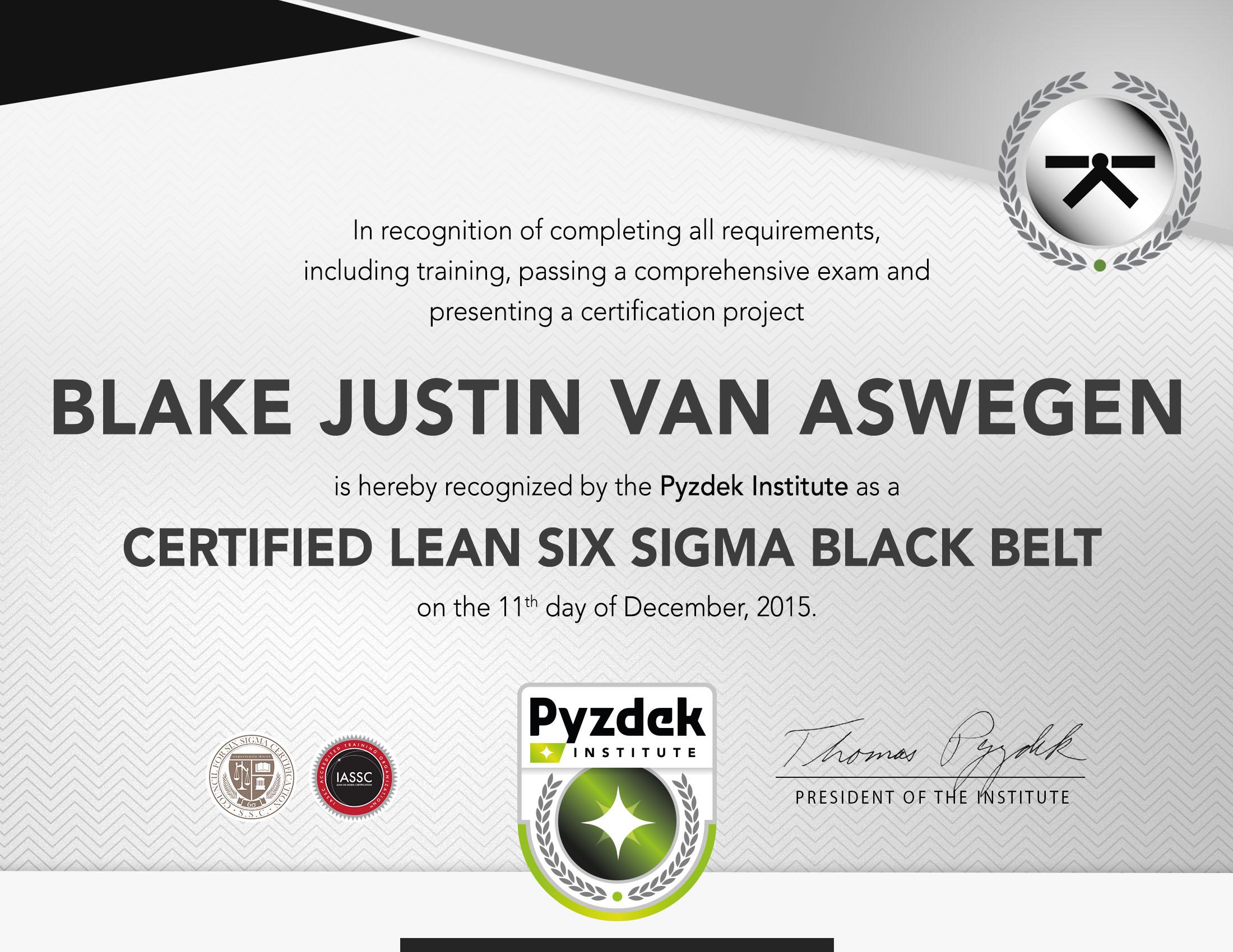 BLAKE JUSTIN VAN ASWEGEN Lean Six Sigma Black Belt Certification