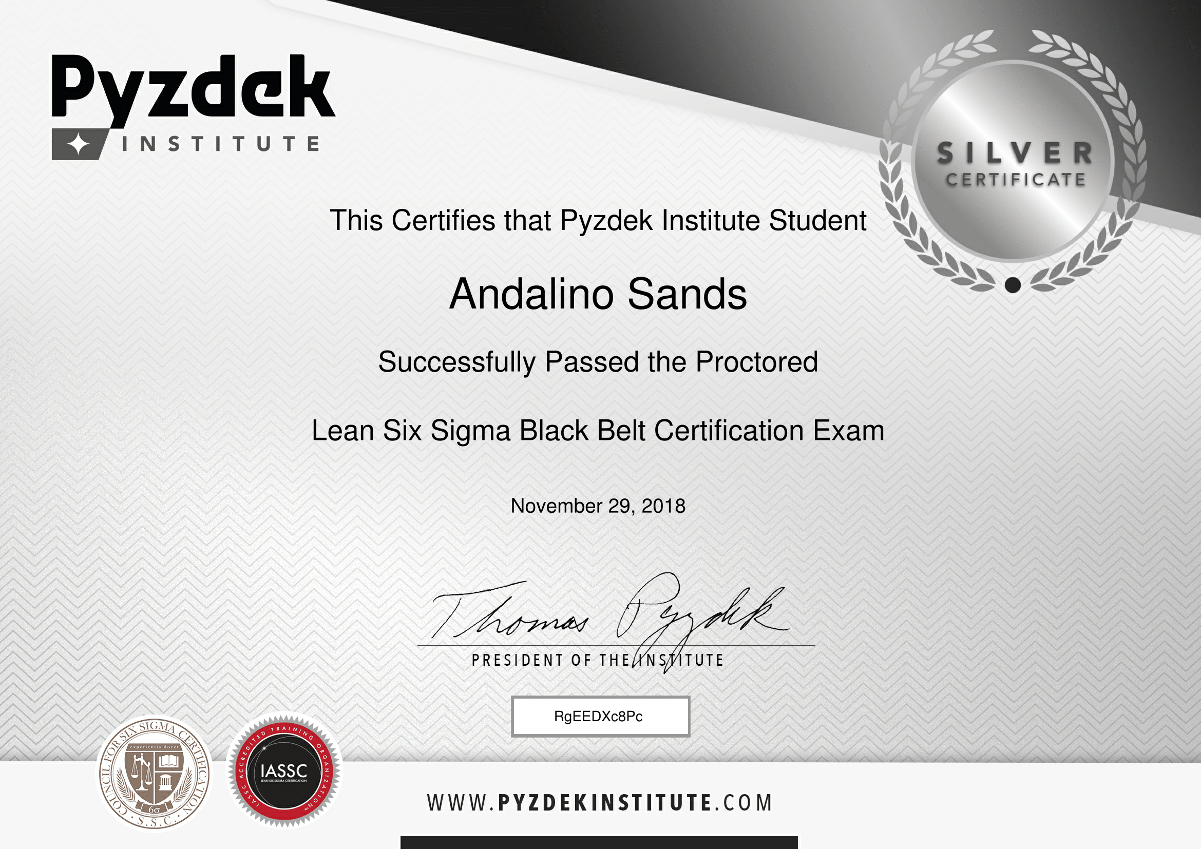 Andalino Sands_Lean Six Sigma Black Belt Silver Certificate