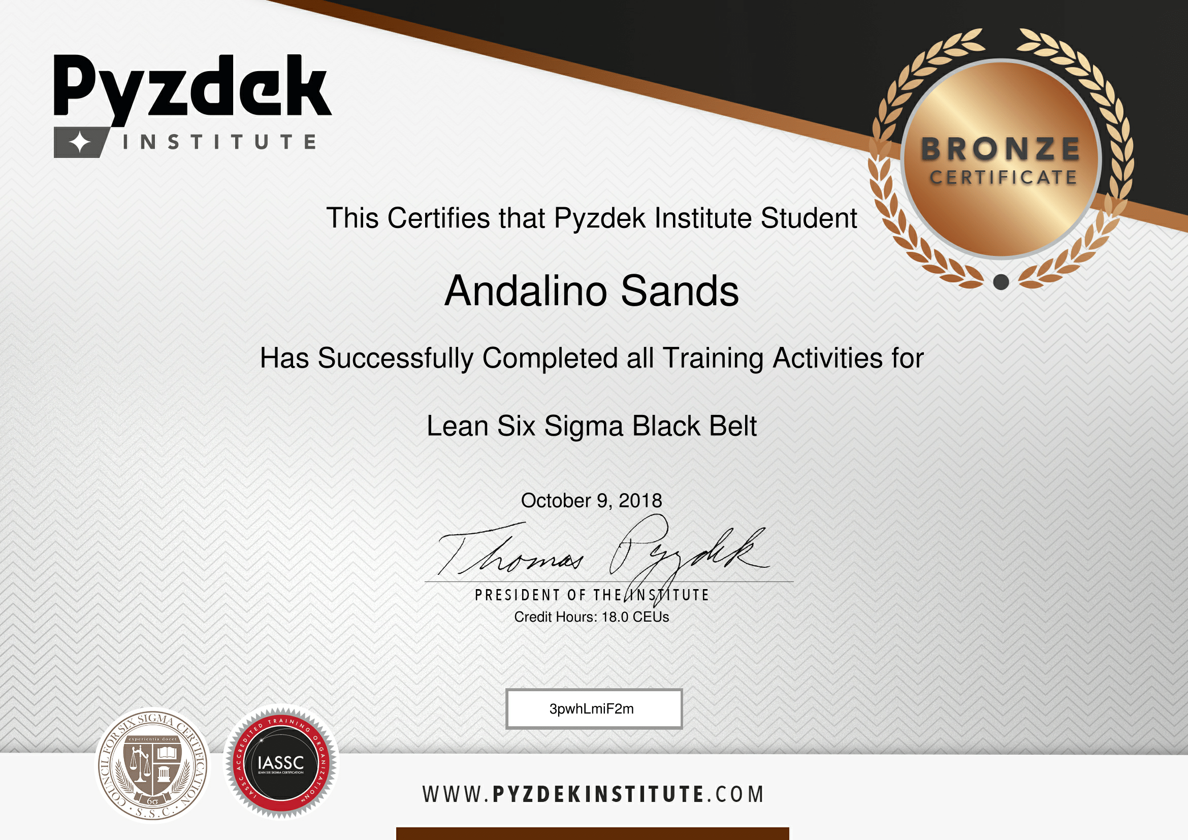 Andalino Sands_Lean Six Sigma Black Belt Bronze Certificate