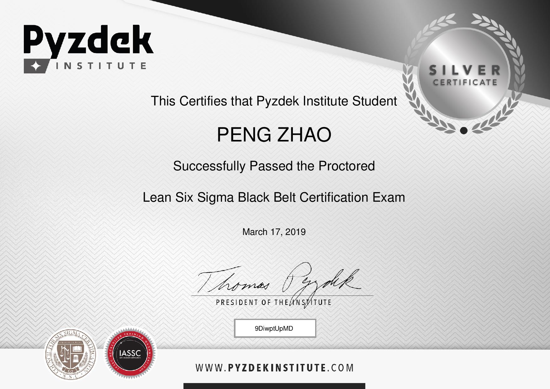 Peng Zhao Lean Six Sigma Black Belt Silver Certificate