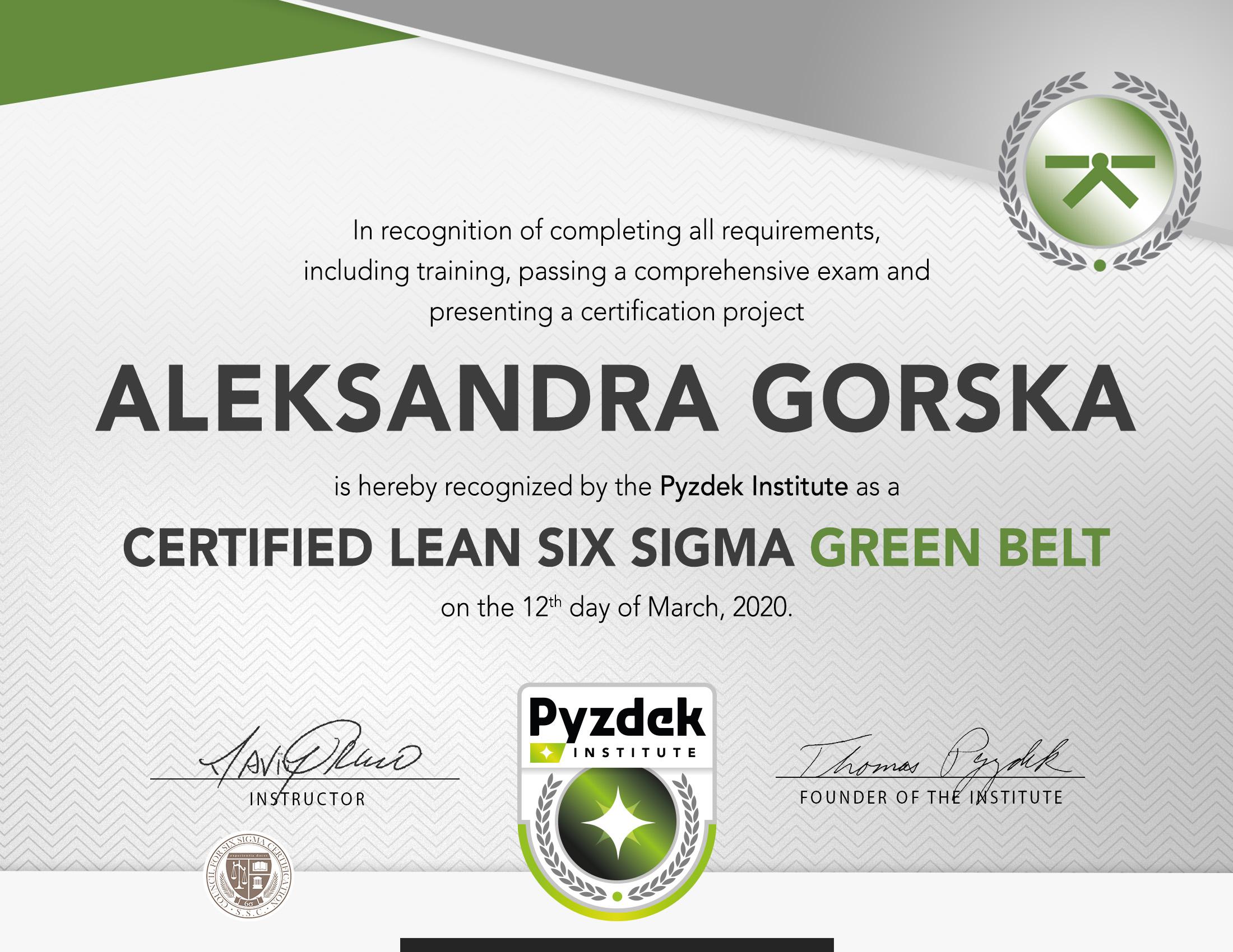 Aleksandra Gorska Lean Six Sigma Green Belt Certification