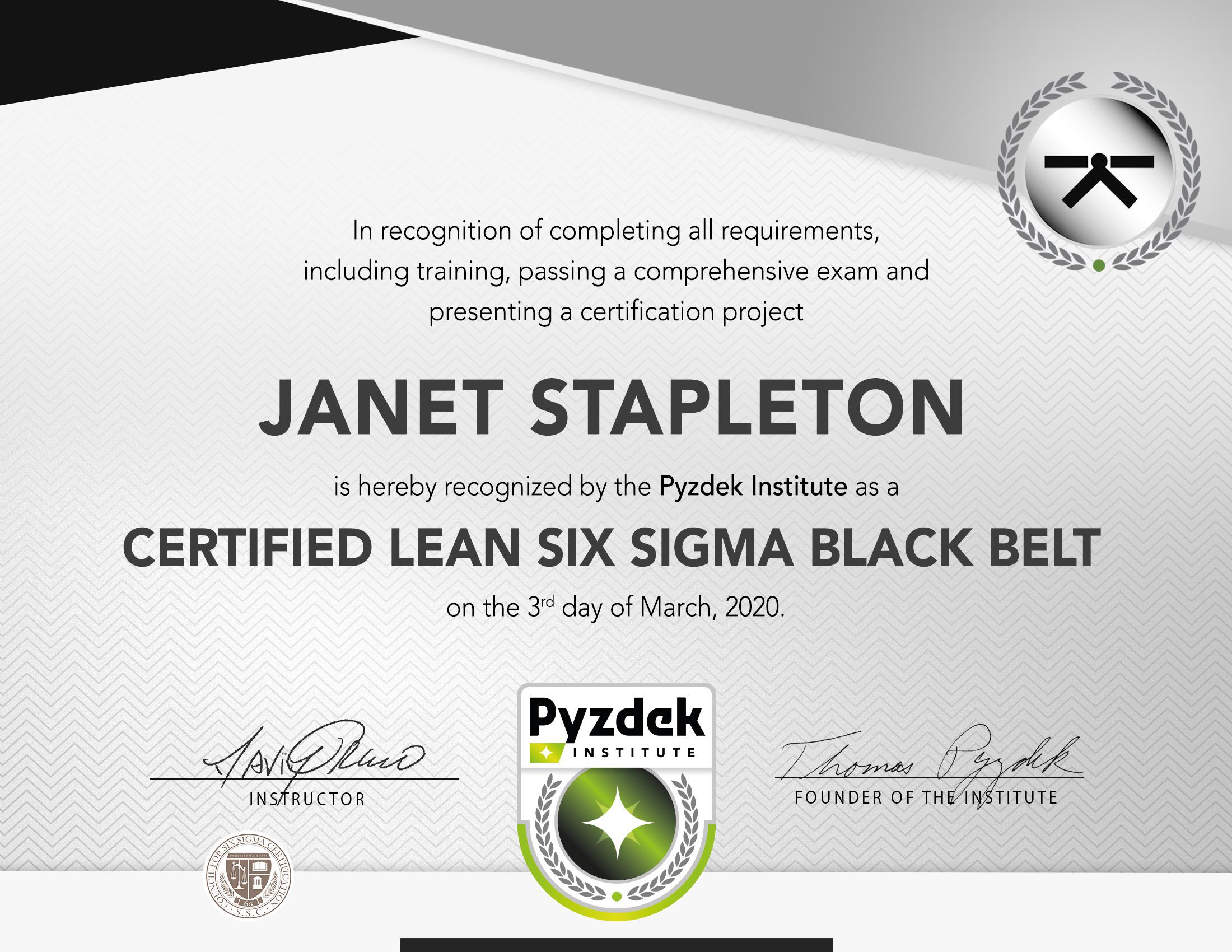 Janet Stapleton Lean Six Sigma Black Belt Certification