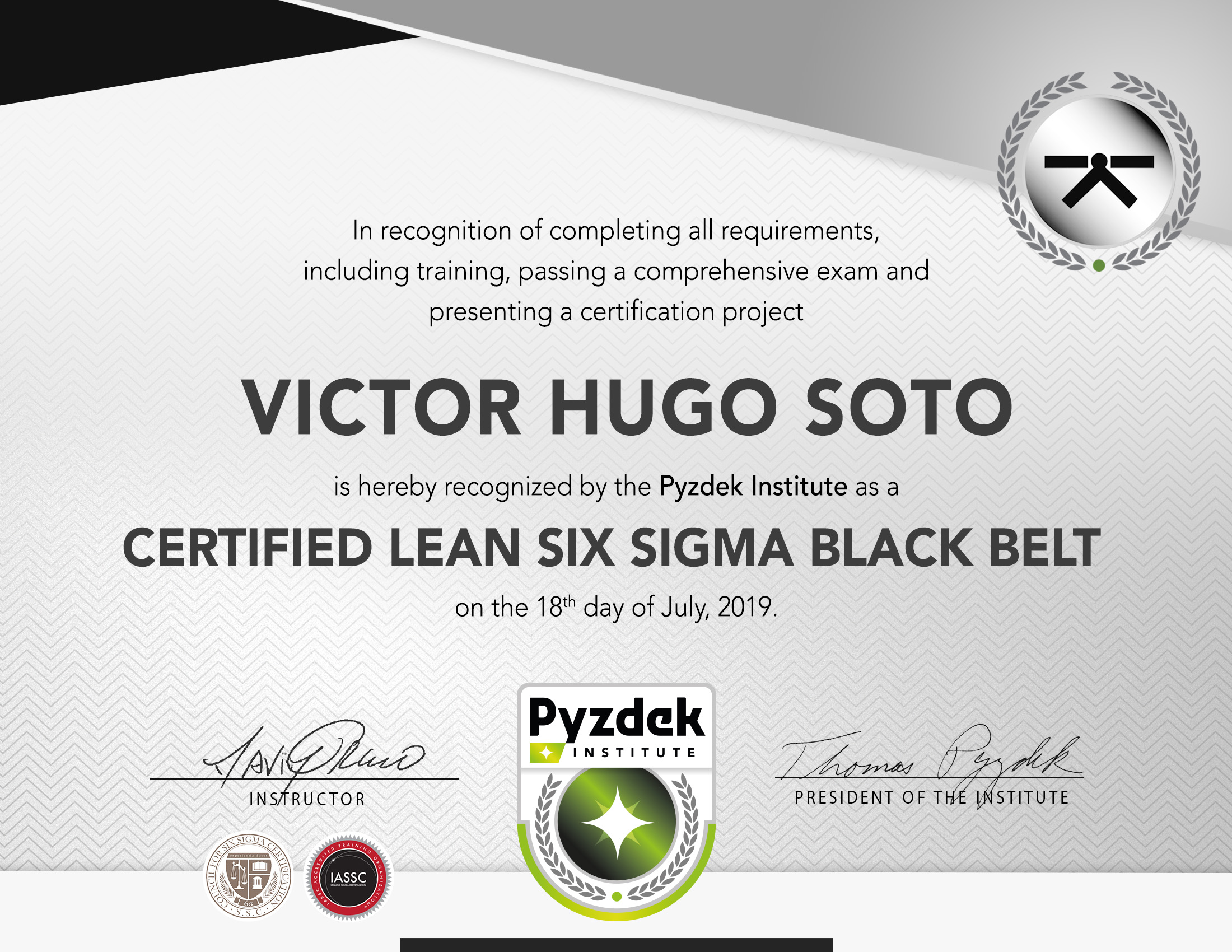 Victor Hugo Soto Lean Six Sigma Black Belt Certification